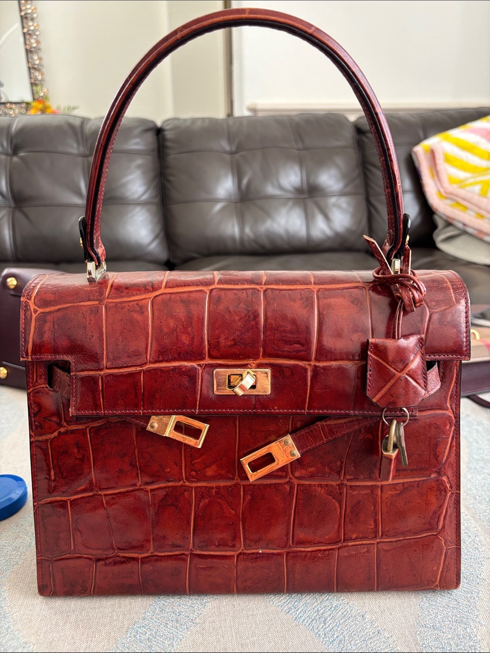 Structured Croc-Embossed Top Handle Bag in Burgundy